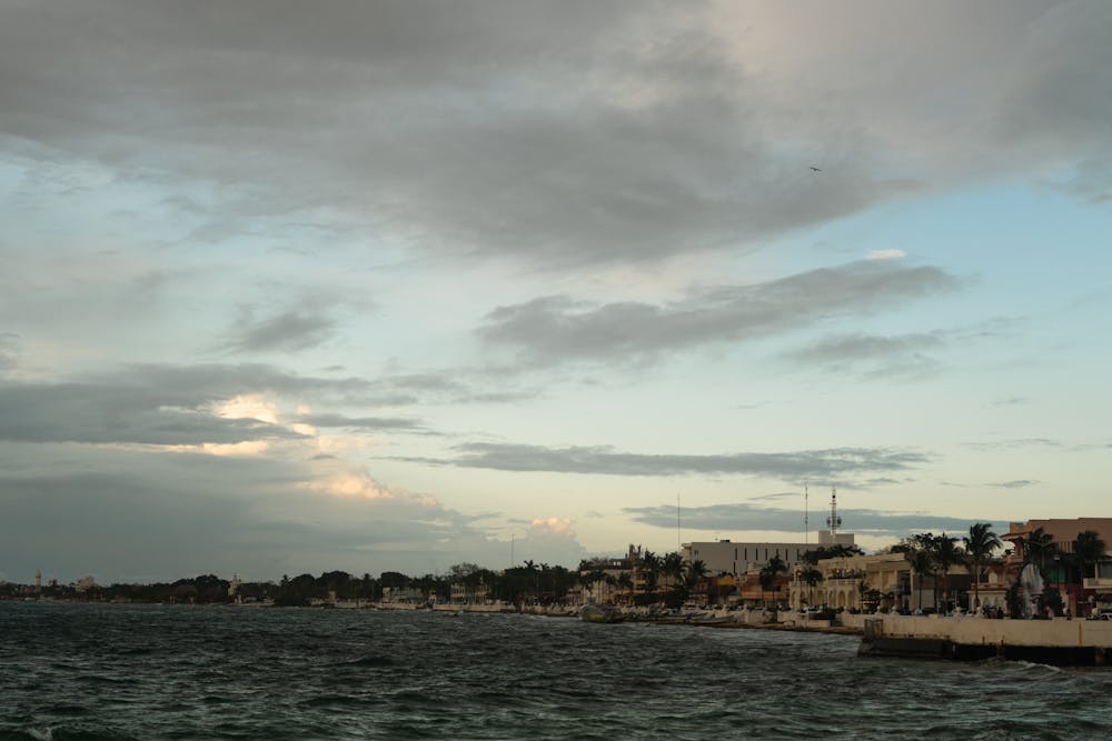 A waterfront town at dusk